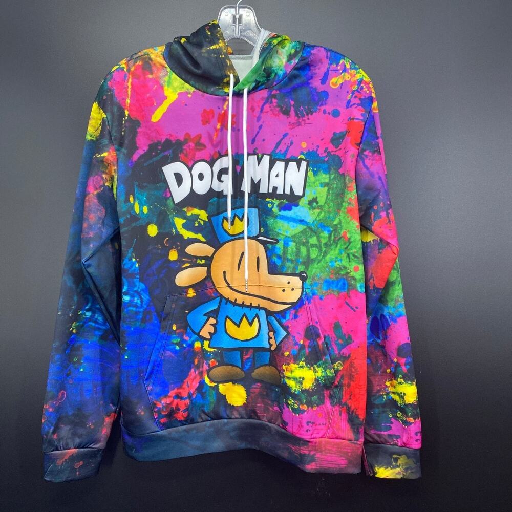 Dog Man Rainbow Paint Splatter Graphic Hoodie Colorful Streetwear